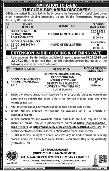 Oil & Gas Development Company Limited Islamabad Tender Notice